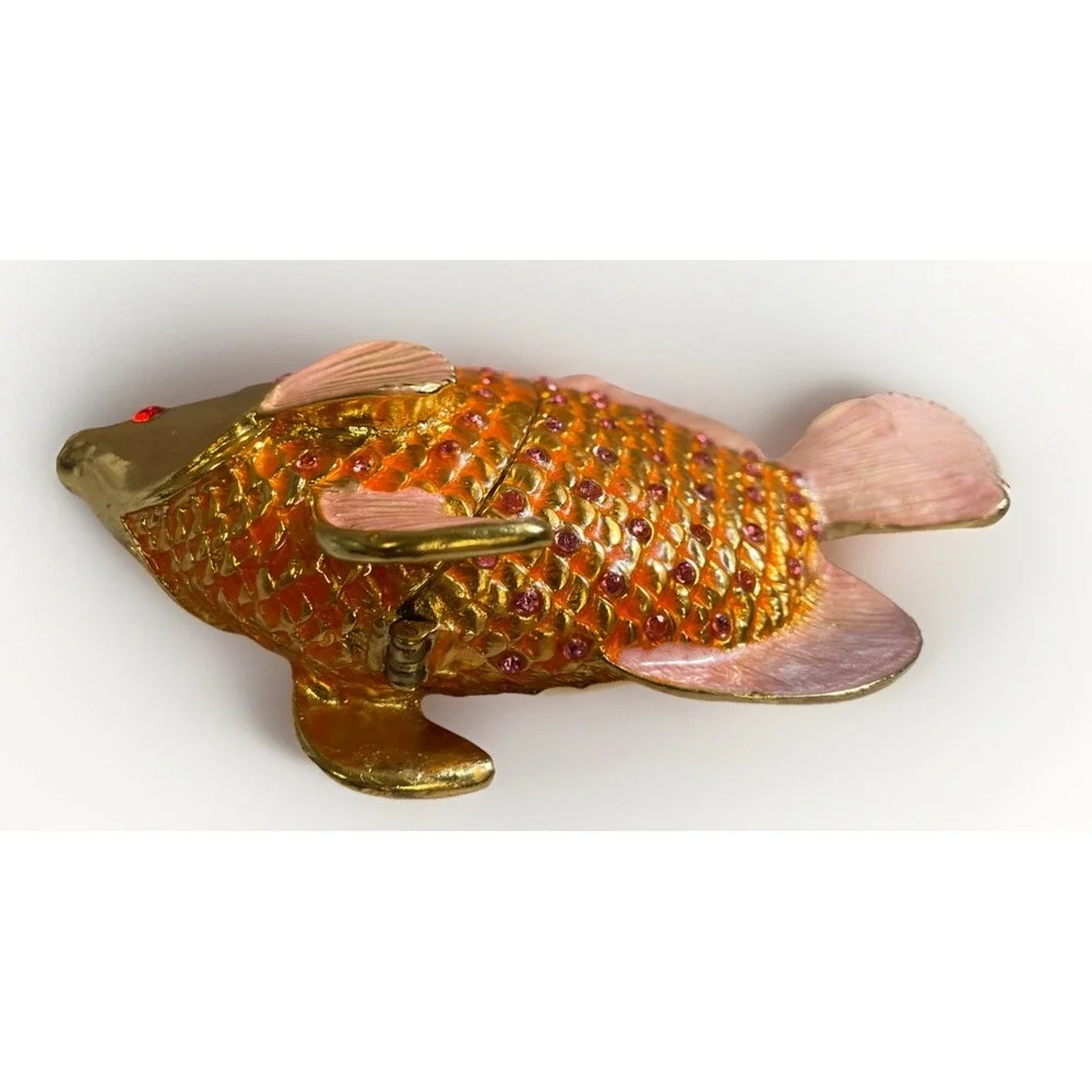 Pesci Austrian Crystal Jeweled Enameled‎ Angel Fish Trinket Box Pink Gold Orange